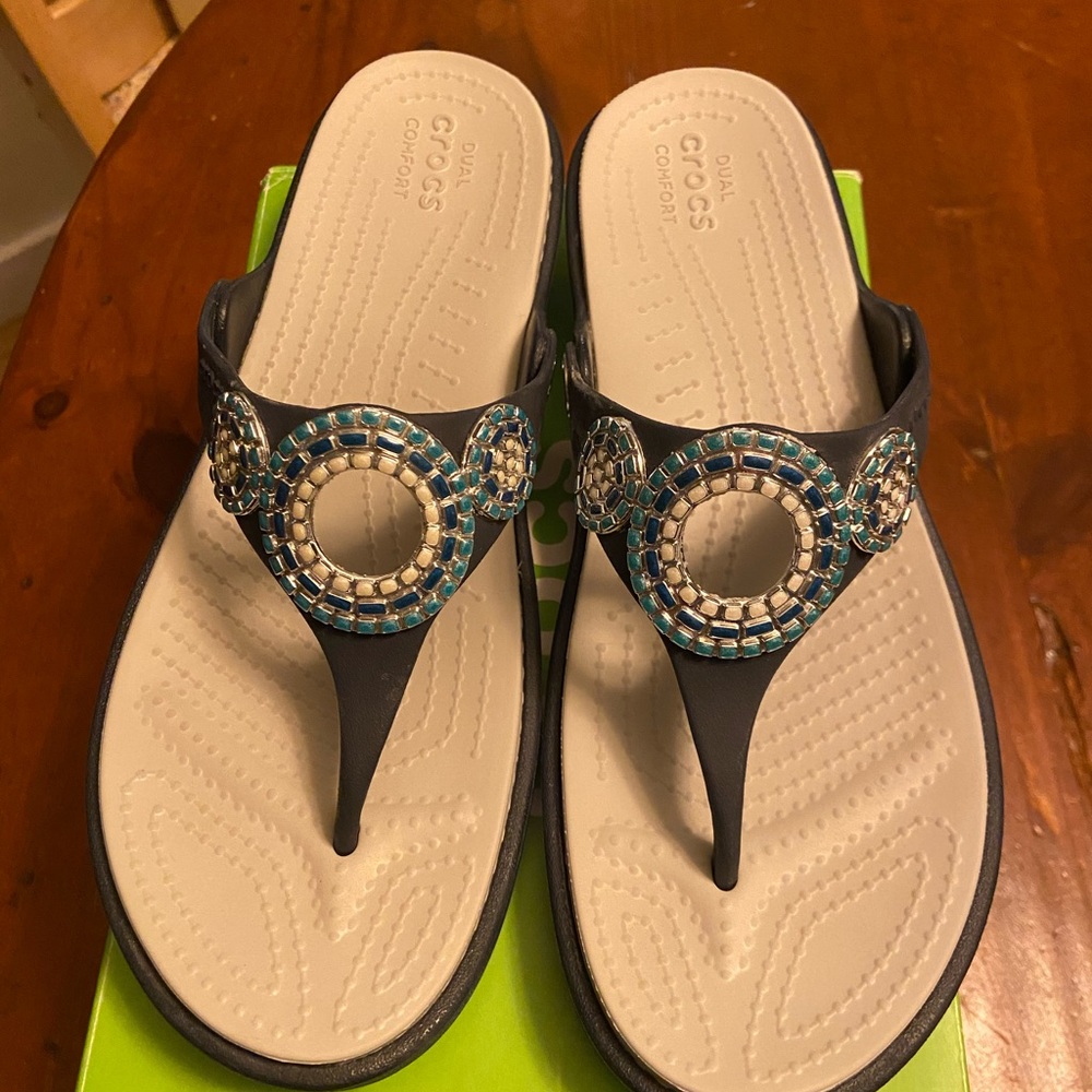 Crocs Women's Blue and Tan Beaded Sandals